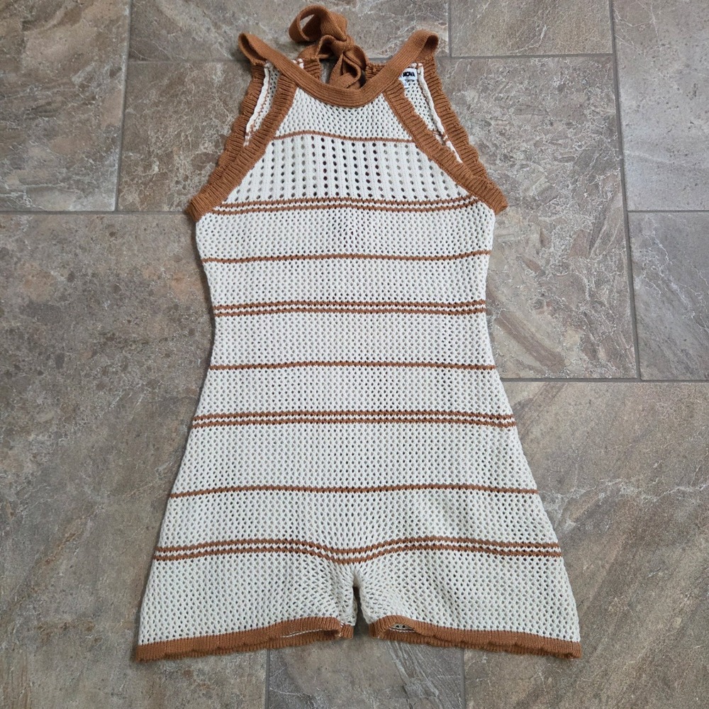 Fashion Nova Crochet Romper XS Cream Tan Striped Halter Neck Sleeveless Knit